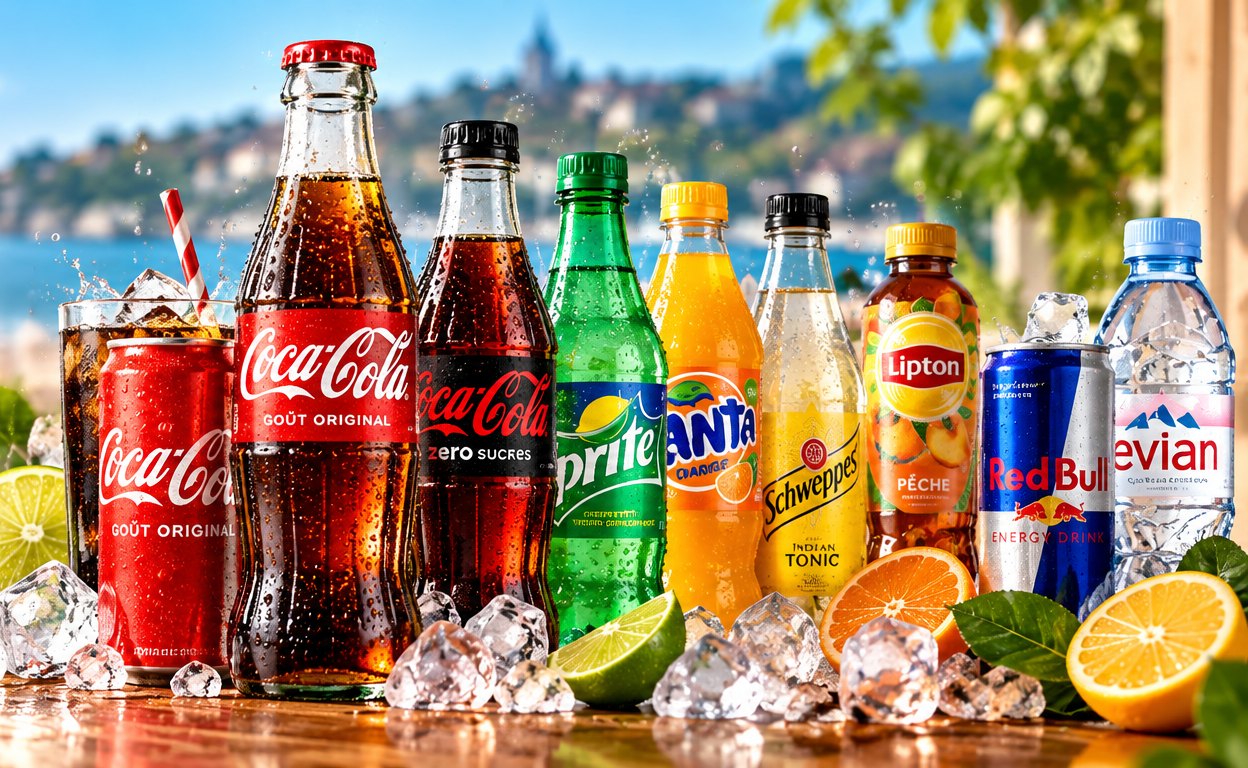 Coca-Cola, Coca-Cola Zero, Sprite, Fanta, Schweppes, Lipton, Red Bull et Evian bien frais, sur la glace